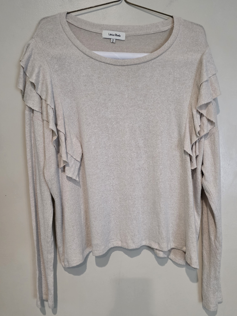 Lea & Viola Soft Cream Ruffle-Trim Long Sleeve Top Business Casual Neutral XL